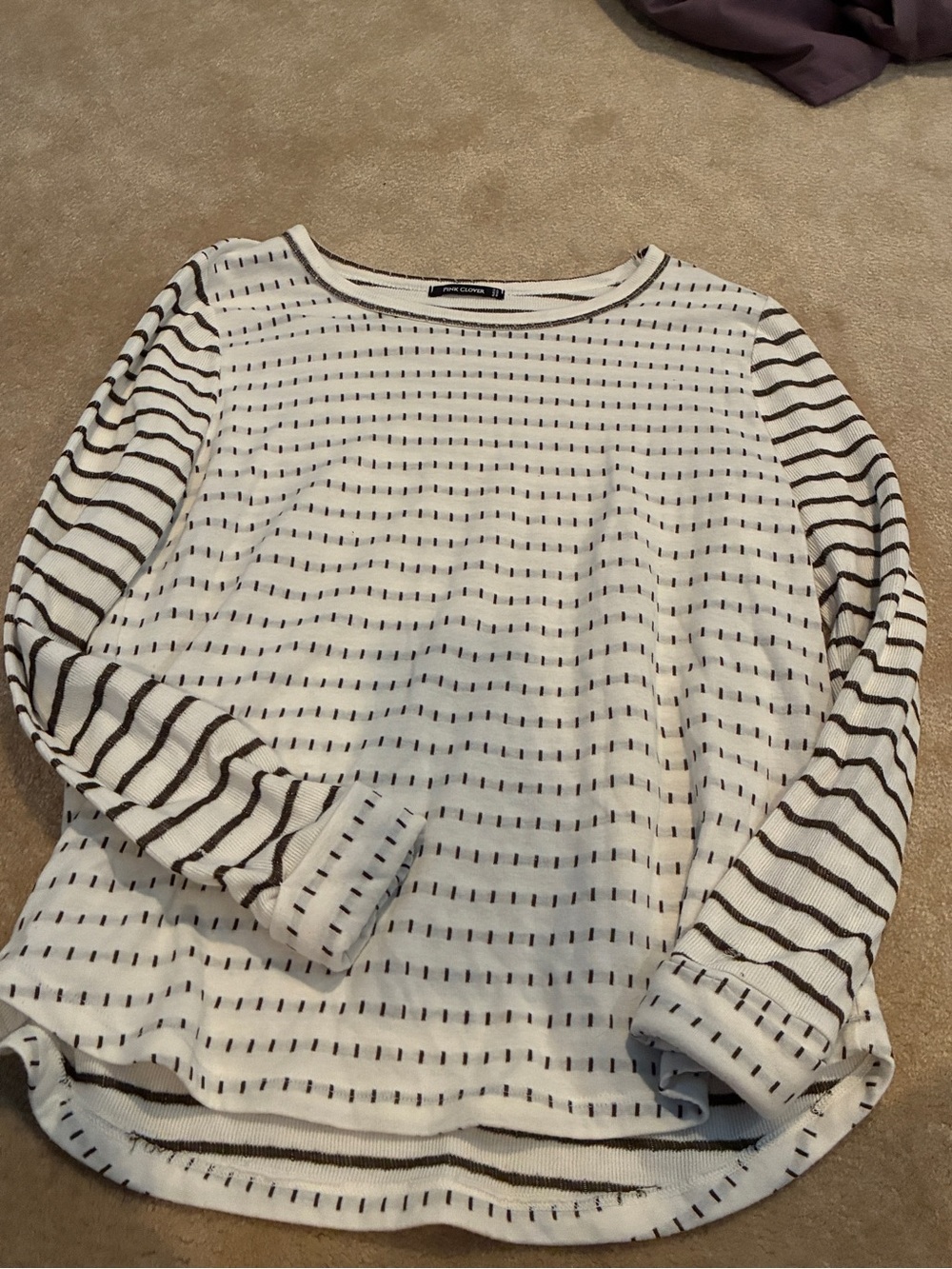 Striped Waffle Knit Long Sleeve Top - White & Grey
